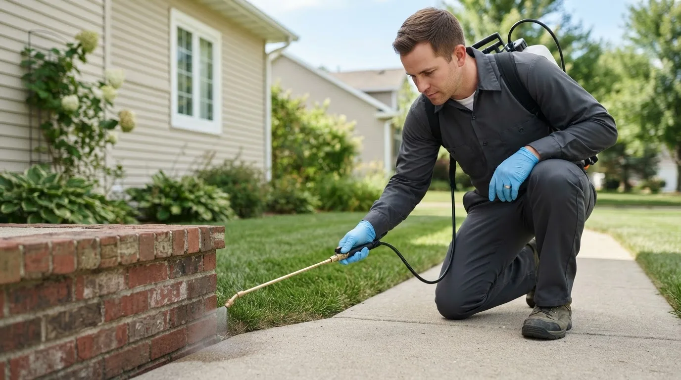 Pest control technician treating a home near Schellsburg, PA